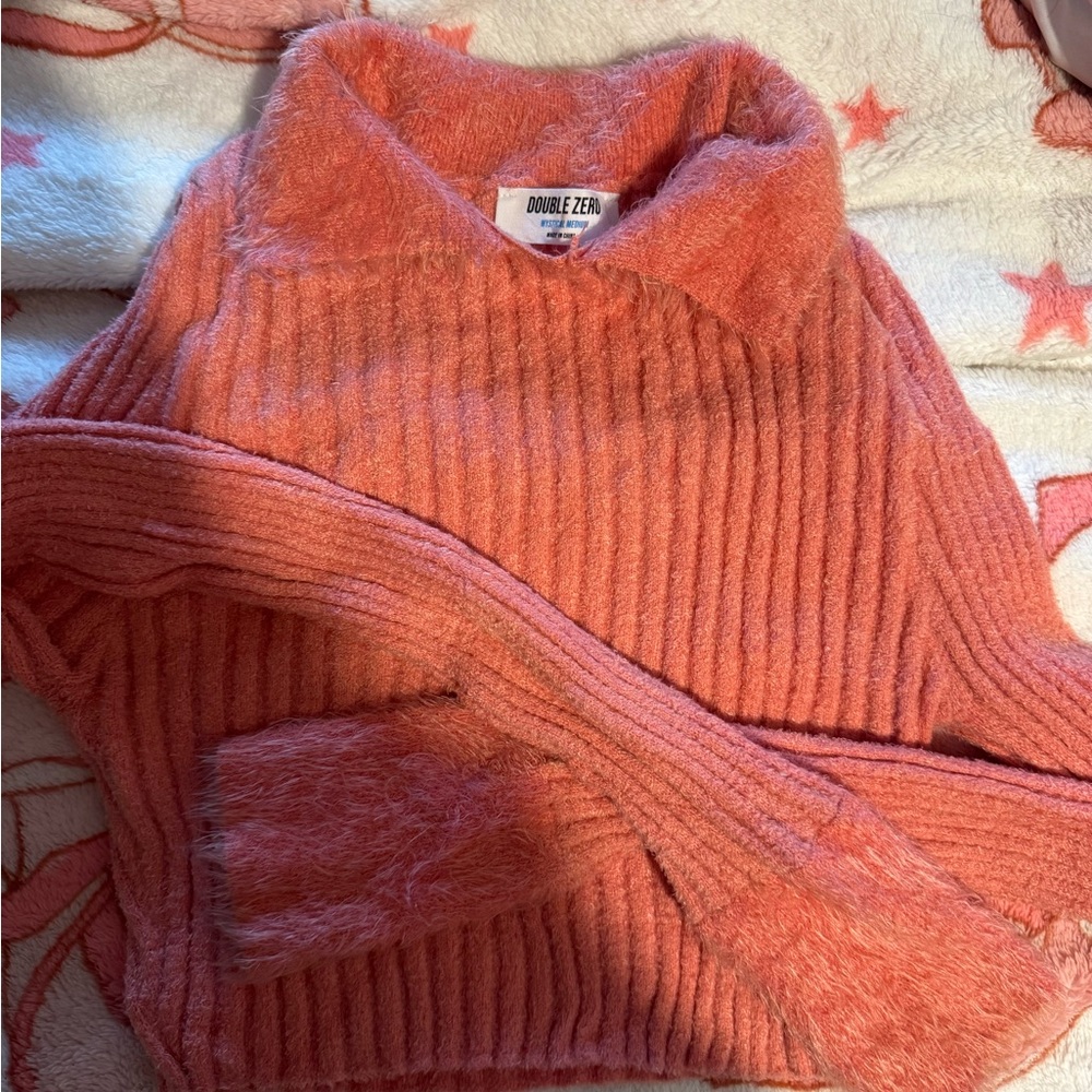 Double Zero Coral Ribbed Fuzzy Funnel Neck Sweater